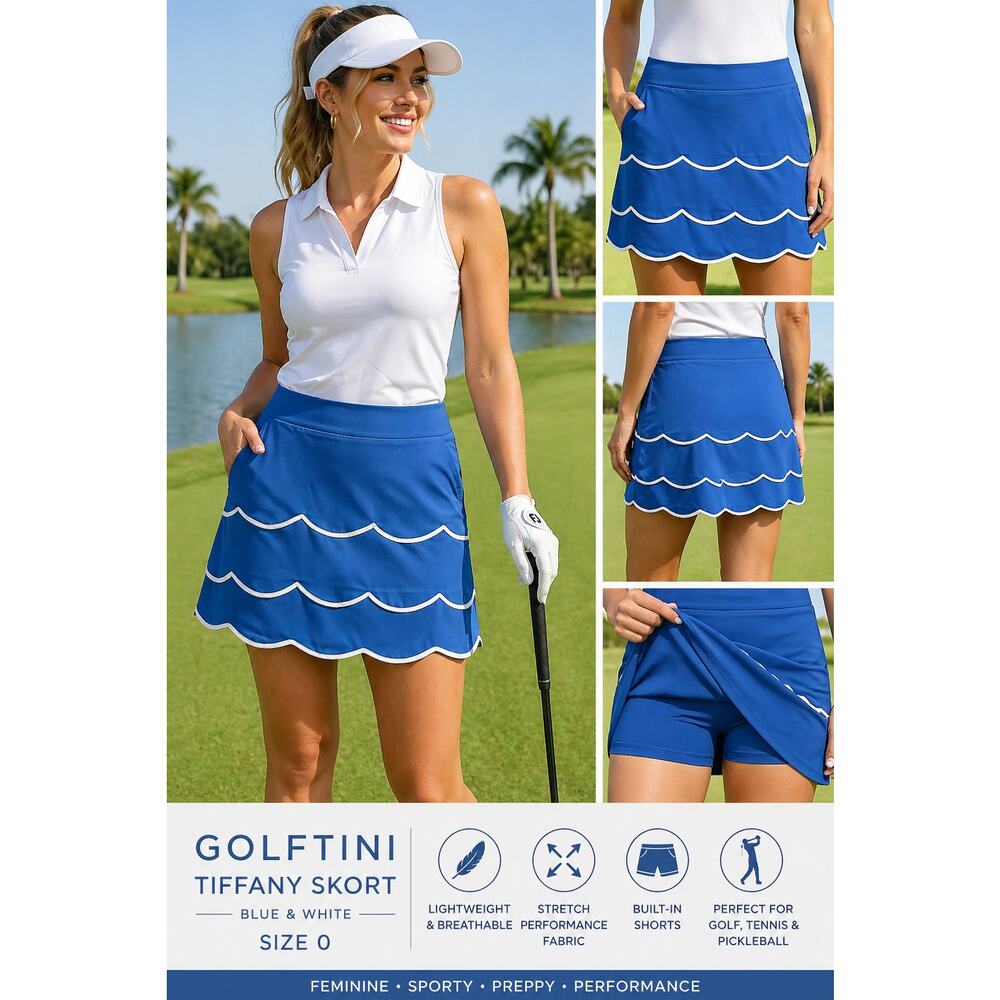Golftini Tiffany Golf Skort Blue White Golf SZ0 Scallop Trim Tennis Athletic
